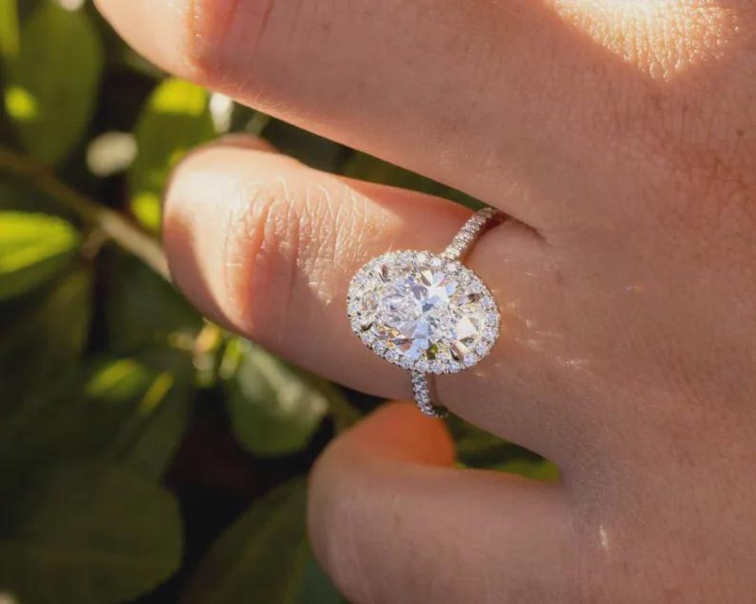 Oval Cut Colorless Moissanite Engagement Ring, Oval Diamond Halo ...