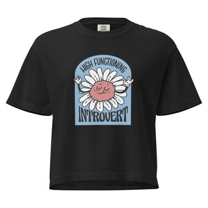 May include: Black t-shirt with a daisy graphic. The daisy has a pink center and white petals, with the words "HIGH FUNCTIONING INTROVERT" in a blue arch. The shirt is made of a soft, comfortable material.