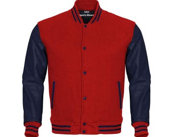 Red Body Navy Blue Leather Sleeves Varsity Jacket Baseball Jacket Custom Made Letterman Jackets Personalized Varsity Jacket