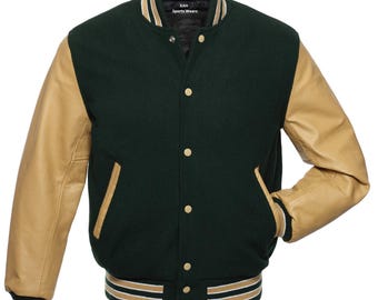 Chaqueta universitaria con mangas de cuero color crema, color verde bosque, chaqueta de béisbol, chaquetas de Letterman personalizadas, chaqueta universitaria personalizada