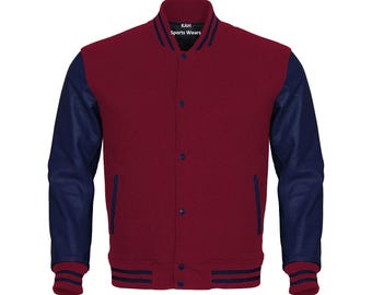 Maroon Body Navy Blue Leather Sleeves Varsity Jacket Baseball Jacket Custom Made Letterman Jackets Personalized Varsity Jacket