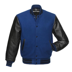 Royal Blue Body Black Leather Sleeves Varsity Jacket Baseball Jacket Custom Made Letterman Jackets Personalized Varsity Jacket