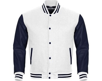 White Body Navy Blue Leather Sleeves Varsity Jacket Baseball Jacket Custom Made Letterman Jackets Personalized Varsity Jacket