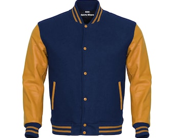 Navy Blue Body Gold Leather Sleeves Varsity Jacket Baseball Jacket Custom Made Letterman Jackets Personalized Varsity Jacket
