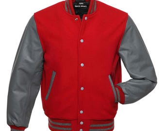 Red Body Gray Leather Sleeves Varsity Jacket Baseball Jacket Custom Made Letterman Jackets Personalized Varsity Jacket