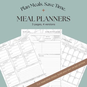 May include: A collection of white meal planner pages with a floral design. The pages include sections for daily meals, recipe cards, and a monthly planner. Text on the pages includes "Plan Meals. Save Time" and "Meal Planners."