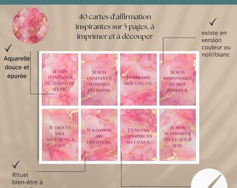 Cartes d'affermation aquarelle français à imprimer / 40 citazioni positive / flashcards pdf en couleurs et noir blanc pour bien être