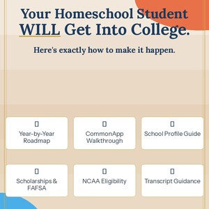 Puede incluir: Gráfico color crema con el texto «Tu estudiante en casa irá a la universidad». Debajo, dice «Así es exactamente como hacerlo». La imagen incluye seis cuadros blancos con títulos como «Hoja de ruta anual» y «Becas y FAFSA».