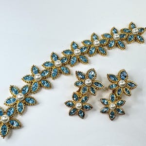 Vintage Christian Dior Blue Rhinestone Faux Pearl Flower Bracelet