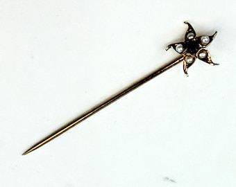Vintage 15K Gold Garnet and Seed Pearl Starburst Stick Pin JR1573