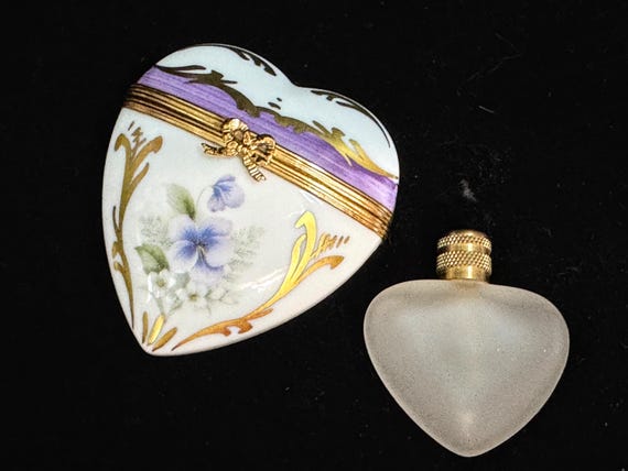 Vintage Limoges France Heart Shaped Perfume Bottle Trinket Box Porcelain A1107