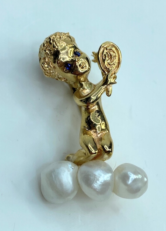 William Ruser 14k Yellow Gold Sapphire Pearl Mondays Child Pin Brooch