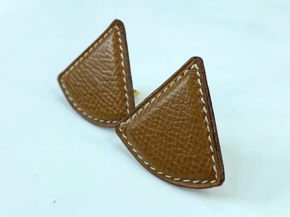 Vintage Hermès Caramel Swift Triangular Earrings … - image 3