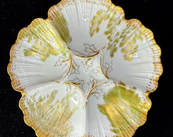 Antique T&V Limoges Oyster Plate Hand Painted Gilt Fern 8.5in A895