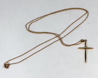 Vintage 14K Gold Chain 10K Gold Diamond Cross Pendant Necklace 20" JR1508