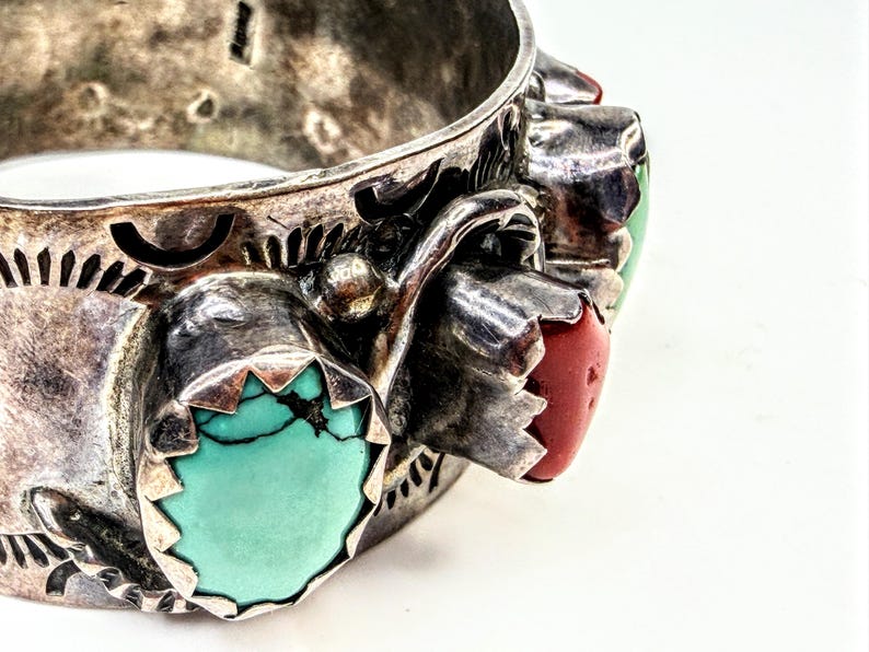Vintage Navajo Turquoise Coral Sterling Silver Cuff Bracelet 82.9g 7 ...