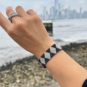 Black and Silver Diamond Pattern Bracelet, Miyuki Beaded Cuff, Adjustable Handmade Bracelet, Modern Gift for Her, Beaded Bracelet