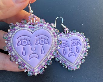 Handmade Beaded Sad Heart Earrings-Lavender Crying Face Statement Jewelry