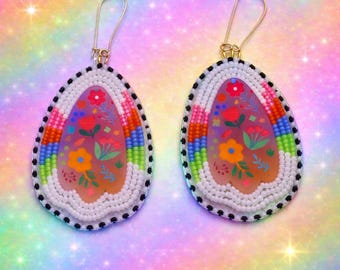 Flourescent Flower Beaded Earrings