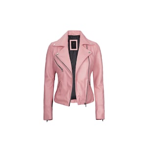 Blouson motard en cuir rose pour femme – Style moto en cuir véritable souple