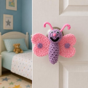Puede incluir: Una funda de ganchillo para pomo de puerta con forma de mariposa, cuerpo morado, alas rosas con centros morados, dos antenas rosas, una pequeña nariz rosa y dos ojos móviles de plástico. La mariposa tiene una boca negra cosida.