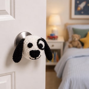May include: A white and black crocheted dog door knob cover attached to a silver door handle. The dog has black ears, a black eye patch, and a black nose. The door is white, and the background is a child's bedroom.