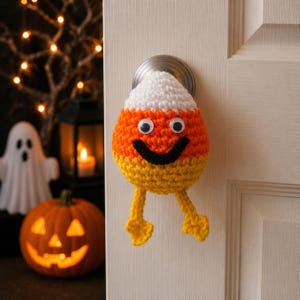 May include: A crochet candy corn decoration featuring a white top, orange middle, and yellow bottom section. The item has two googly eyes, a black stitched smile, and two yellow dangling legs with feet, designed to hang over a round metal doorknob.