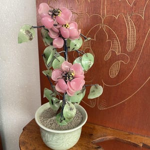 Vintage Jade and Glass Οrchid Flower in Celadon Pot – Delicate Asian Decorative Art