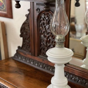Vintage White Opaline Glass Oil Lamp with Clear Chimney – Mid 20th Century Elegance
