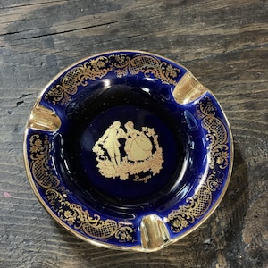 Vintage Limoges Castel Ashtray – Cobalt Blue & 24K Gold Rococo Courting Scene, France c.1950s