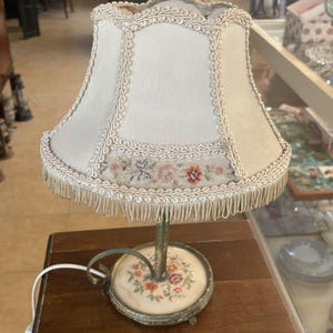 Vintage Floral Table Lamp with Embroidered Shade and Base, Circa 1970