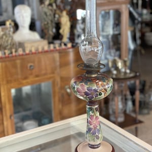 Exquisite Antique Hand-Painted Ditmar Oil Lamp with Blown Glass