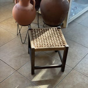 Rustic Woven Seat Stool with Dark Wood Frame – Ideal for Home Decor
