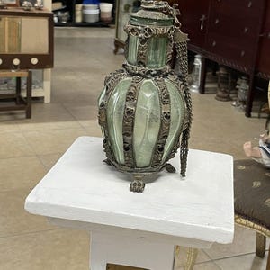 Antique Middle Eastern Glass Perfume Bottle with Ornate Metal Overlay C.1880
