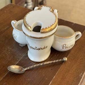 Antique French Porcelain Condiment Set – Mustard, Salt, and Pepper with Lid and Spoon