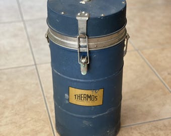 Vintage Blue Thermos Industrial Beverage Container, 1950s Metal Insulated Flask