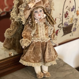 Vintage Victorian Porcelain Doll – Handcrafted, Velvet & Lace, 1970s Collectible