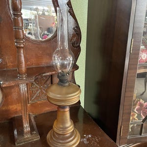 Antique Amber Glass Oil Lamp with Tall Glass Chimney – Circa 1930s Early 20th Century