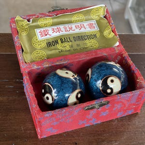 Vintage Chinese Baoding Balls with Yin-Yang Design in Decorative Box