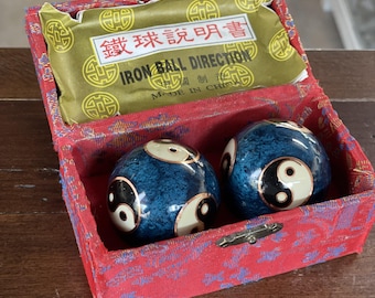 Vintage Chinese Baoding Balls with Yin-Yang Design in Decorative Box