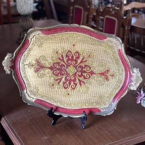 Italian Florentine Red & Gold Wooden Tray – Mid-20th Century Baroque Revival Style