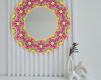 Boho Mandala Mirror: Colorful Geometric UV Print Wall Art, 50cm
