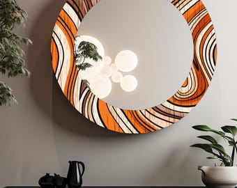 Orange Abstract Round Wall Mirror: Modern Art Decor, 50x50 cm