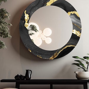 Black Marble Look Round Mirror – 50x50 cm (≈19.7”) | Frameless Glass Wall Mirror with Gold UV Print | Elegant Modern Decor
