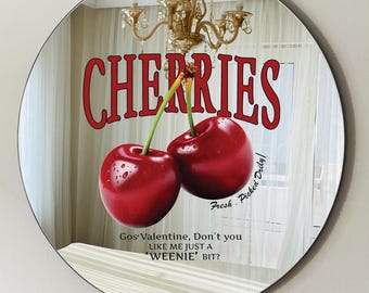 Cherry Print Round Mirror: Retro Pop Art Frameless Wall Decor