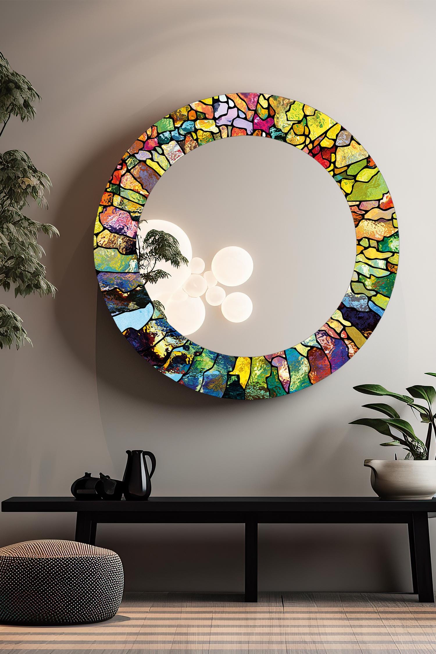 Stained Glass Style Round Wall Mirror: Colorful Modern Art Decor