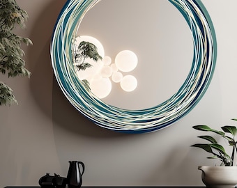 Turquoise Swirl Round Wall Mirror: Modern Frameless Art, 50x50cm