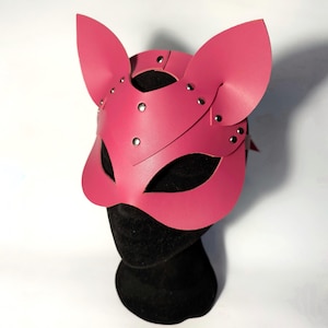 Pink Cat Mask – Faux or Genuine Leather Kitty Mask – Handmade Cosplay & Party Mask – Festival, Rave, Roleplay – Gift for Her