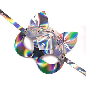 Holographic Leather Cat Mask – Handmade Festival Mask – Custom Colors Available – Eco Leather Option – Gift Wrapped