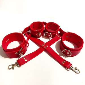 Red Vegan Leather Cuffs Set | Handmade Adjustable Wrist & Ankle Cosplay Accessory